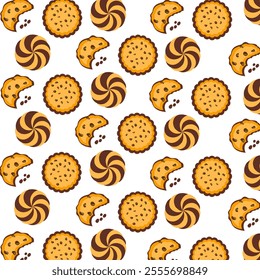 Cookie seamless pattern. Simple cute cookie flat seamless pattern. Vector seamless background with round cookies on a white background. Biscuit background vector illustration isolated in white. 