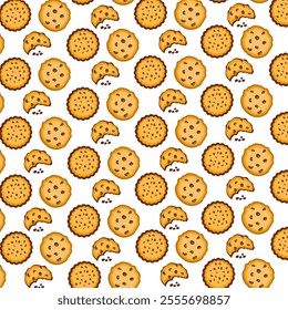 Cookie seamless pattern. Simple cute cookie flat seamless pattern. Vector seamless background with round cookies on a white background. Biscuit background vector illustration isolated in white. 