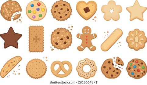 Cookie Set Icons with Pretzel, Gingerbread, Star Biscuit, Crackers, Chips and Pizza Slices for Snack Concept