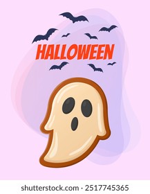 Cookie in shape of ghost for Halloween party. Lettering with flying bats on abstract background. Celebration, holiday concept. Vector illustration for invitation, banner or poster