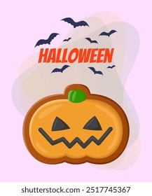 Cookie in shape of pumpkin for Halloween party. Lettering with flying bats on abstract background. Celebration, holiday concept. Vector illustration for invitation, banner or poster