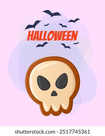 Cookie in shape of skull for Halloween party. Lettering with flying bats on abstract background. Celebration, holiday concept. Vector illustration for invitation, banner or poster