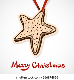 Cookie star. Paper label on ribbon. Christmas and New year design element