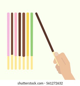 Cookie stick. Stock vector illustration of a hand holding popular asian sweet snack biscuit of different taste