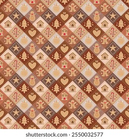 Cookie style of gingerbread collection in brown theme. Seamless pattern. Vector.