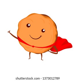Cookie super hero. Cute cartoon chip cookie character with funny face. cute character in a red cloak. Vector illustration on white background isolated. 