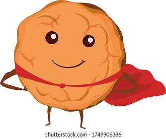 Cookie is a superhero. Cookie in a red raincoat. Proper nutrition, healthy Breakfast. Vector illustration.