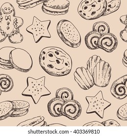 Cookie and sweet pastry hand sketched vector seamless pattern. Food seamless background