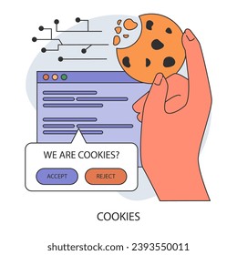 Cookie technology. Web browser session tracking. Access to user computer and confidential information. Device identification and web browsing experience improvement. Flat vector illustration svg