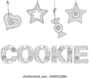 Cookie text composed of gingerbread cookies. Christmas lettering. Vector illustration in hand draw style isolated on white background. Design for coloring book page, invitation card, poster, print.