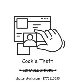 Cookie theft icon. Hacker using fake identity for web page access linear pictogram. Concept of personal data and private information stealth and internet security. Editable stroke vector illustration
