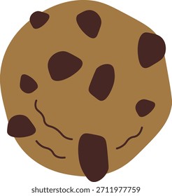 Cookie coberto com lascas de chocolate e textura de migalha em desenho animado em negrito. Símbolo de lanche, conforto, desejo de sobremesa e tratamento de padaria. Ilustração de vetor de desenhos animados.