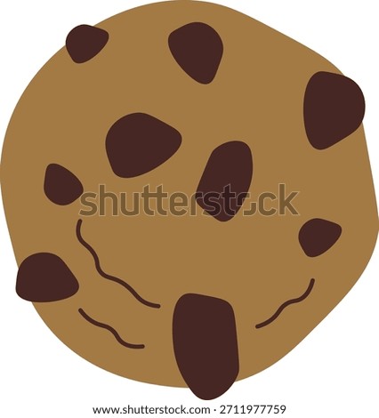 Cookie topped with chocolate chips and crumb texture in bold cartoon drawing. Symbol of snack, comfort, dessert craving, and bakery treat. Cartoon vector illustration.