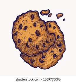 Cookie vector hand drawn isolated illustration. graphic design doodle sweets element . sugary food , chocolate chip cookies with crumbs. carbs and sugar.
