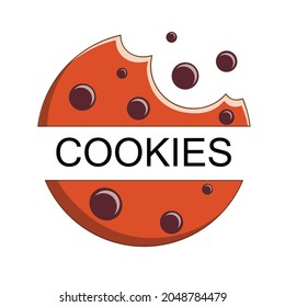 Cookie word hand lettering typography inside the cookie, light beige vector illustration.  Chocolate Chip Logo. Kids menu. Bitten, Broken. Flat Cartoon Style  for card, Web Page, banner, Flyer, Sticke