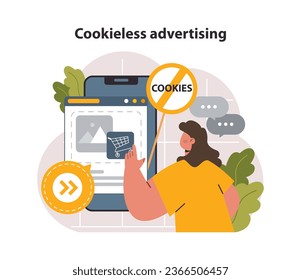 Cookieless advertising. Cookieless targeting. Web browser traffic privacy concern. Personal confidential data regulation. Flat vector illustration