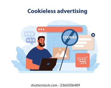 Cookieless advertising. Cookieless targeting. Web browser traffic privacy concern. Personal confidential data regulation. Flat vector illustration