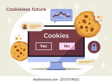 Cookieless Tracking Future. Banner with computer screen and bitten cookie. Concept of user privacy without using traditional cookies. Modern digital targeting. Flat vector illustration