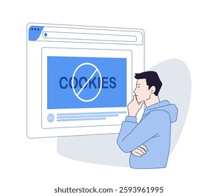 Cookieless Tracking Future. Man or boy visits website using innovative tracking methods for audience insights. Advancing Digital Privacy. Flat outline vector illustration isolated on background