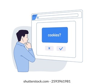 Cookieless Tracking Future. Man stands in front of website window and rejects traditional cookies. Advancing Digital Privacy. Flat outline vector illustration isolated on background