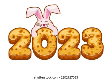  cookies with 2023 and rabbit. New Year 2023, Greeting card template
