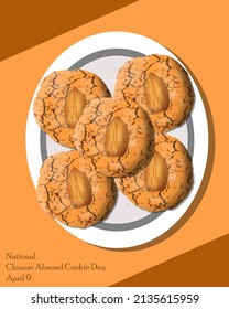 Cookies with almond nut topping served on white plate on brown table, National Chinese Almond Cookie Day april 9