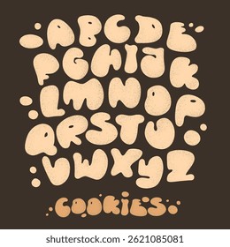 Cookies alphabet on brown background. Fun cartoon-style cookie letters, perfect for kids' designs, posters, and festive illustrations
