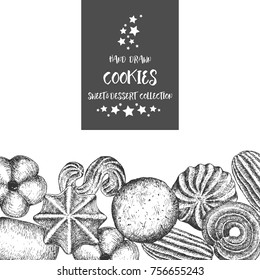 Cookies background design template. Vintage black and white illustration. Sweet and Baked vector element.	