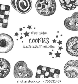 Cookies background design template. Vintage black and white illustration. Sweet and Baked vector element.