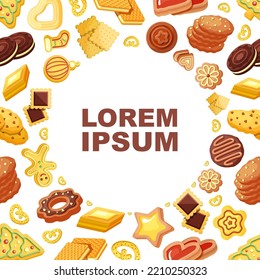 cookies background. tasty delicious food homemade snacks bakery products biscuits. Vector cartoon background in circle shape