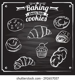 Cookies and baking chalked on a blackboard,
vector illustration