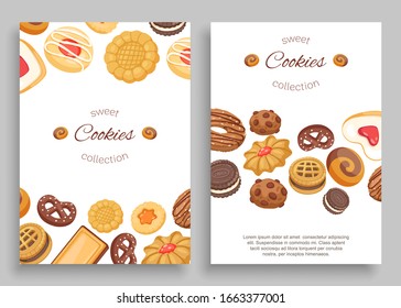 Cookies banners set of different chocolate and biscuit chip cookies, gingerbread and waffle with typography vector illustration. Cookies sweet dessert flyer, menu cover.