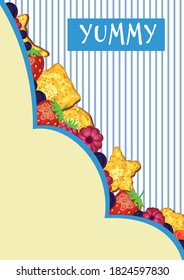 Cookies and berries. Vertical background with sweets and empty space for your labels.City pastry shop, poster. advertising.vector illustration