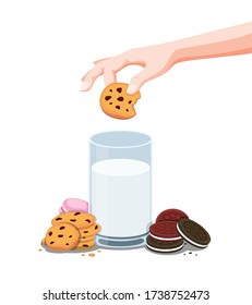 Cookies biscuit and fresh milk, hand dipping cookie choco chips to milk in glass. cartoon illustration vector isolated in white background