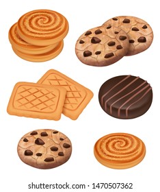 Cookies. Biscuits With Chocolate And Cream Pieces Snacks Vector Cooked Sweets Vector Realistic Template. Illustration Of Biscuit Bakery, Cookie Chocolate