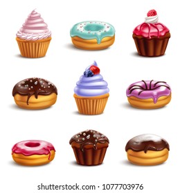 Cookies biscuits cupcakes donuts realistic 3d collection with isolated icons of colourful confectionery products with shadows vector illustration