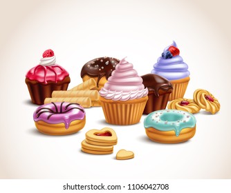 Cookies biscuits cupcakes donuts realistic 3d composition with set of high quality confectionery products with shadows vector illustration