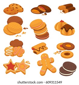 Cookies and biscuits desserts vector isolated icons. Gingerbread stars, man, heats and chocolate cakes and crackers with raisin or fruit berry filling