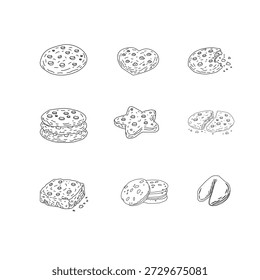 Cookies and Biscuits Doodle Seamless Pattern. Hand Drawn Cookie Illustration Set. Cute Bakery Background Texture.