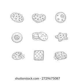Cookies and Biscuits Doodle Seamless Pattern. Hand Drawn Cookie Illustration Set. Cute Bakery Background Texture.