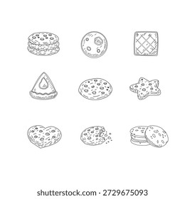Cookies and Biscuits Doodle Seamless Pattern. Hand Drawn Cookie Illustration Set. Cute Bakery Background Texture.