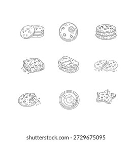 Cookies and Biscuits Doodle Seamless Pattern. Hand Drawn Cookie Illustration Set. Cute Bakery Background Texture.