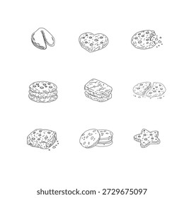 Cookies and Biscuits Doodle Seamless Pattern. Hand Drawn Cookie Illustration Set. Cute Bakery Background Texture.