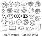 Cookies and biscuits doodle set. Desserts, pastry, crackers, chocolate chip cookies in sketch style. Hand drawn vector illustration isolated on white background