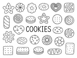 Cookies and biscuits doodle set. Desserts, pastry, crackers, chocolate chip cookies in sketch style. Hand drawn vector illustration isolated on white background