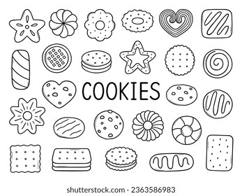Cookies and biscuits doodle set. Desserts, pastry, crackers, chocolate chip cookies in sketch style. Hand drawn vector illustration isolated on white background