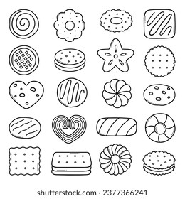 Kekse und Kekse Doodle Set. Desserts, Gebäck, Cracker, Schokoladenkekse im Skizzenstil. handgezeichnete Vektorgrafik einzeln auf weißem Hintergrund