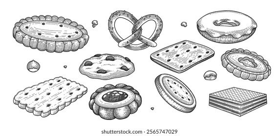 Cookies and biscuits doodle set. Desserts, pastry, crackers, chocolate chip cookies in sketch style. Hand drawn vector illustration isolated on white background for your design