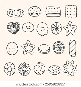 Cookies and biscuits doodle set. Desserts, pastry, crackers, chocolate chip cookies in sketch style