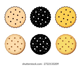 Kekse und Kekse Icons Set - runde Schokoladen Chip Cracker, Scalloped Edge Butter Cookie Mix - Vektorsymbol
